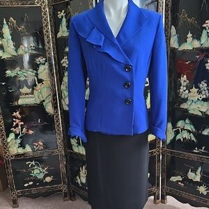 Kasper Blue Suit Black Skirt. Structured Silhouette and Unique Lapels
